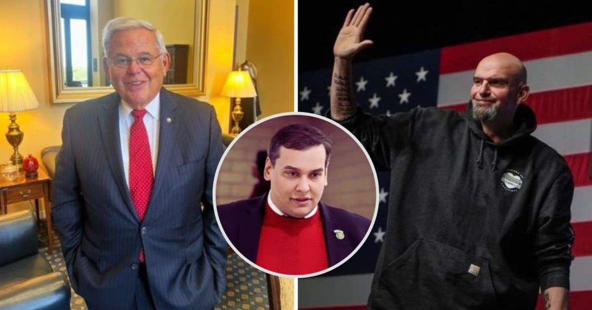 Senator John Fetterman commissioned ousted Rep George Santos to record a sarcastic video targeting Bob Menendez (@johnfetterman, @senatormenendez/Instagram and Getty Image)
