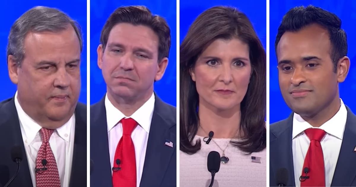 Four Republican presidential candidates, Chris Christie, Ron DeSantis, Nikki Haley, and Vivek Ramaswamy, engaged in heated arguments at the fourth GOP debate on December 6 in Alabama (NewsNation/YouTube)