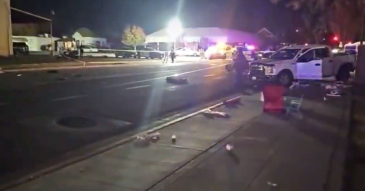 The truck first slammed into a food truck before hitting three male pedestrians and crashing into the perimeter of a fire station (Raw Alerts/X)