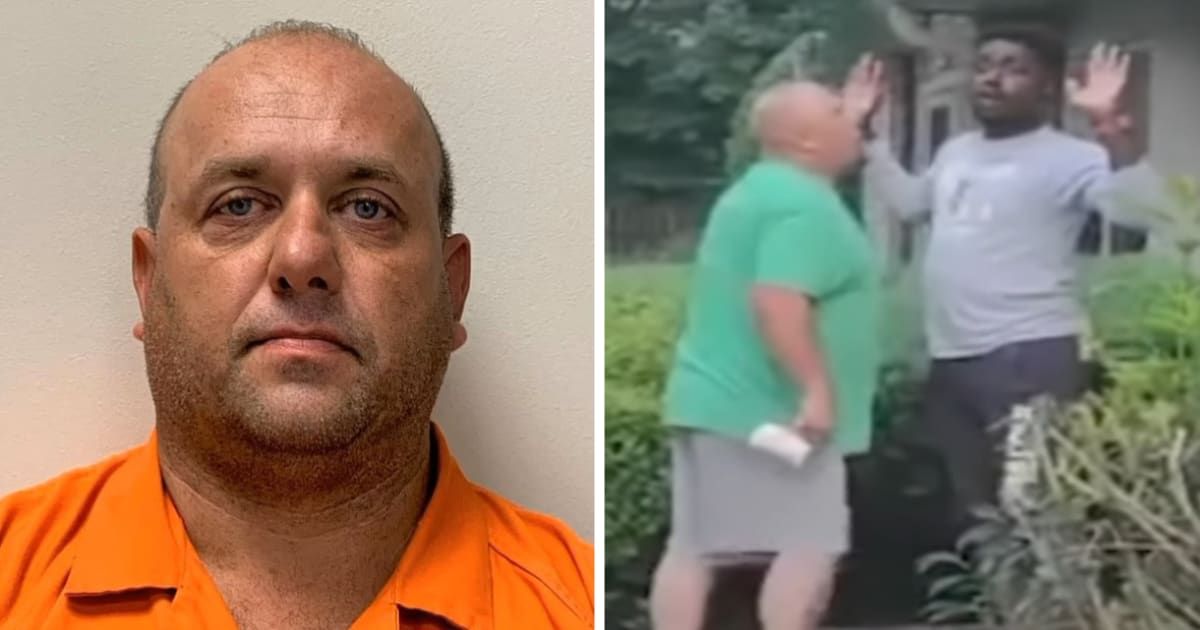 Edward Mathews went viral when he was seen hurling racial abuse at a Black neighbor and spitting on him (Mount Laurel Police Department and YouTube/ 6abc Philadelphia)