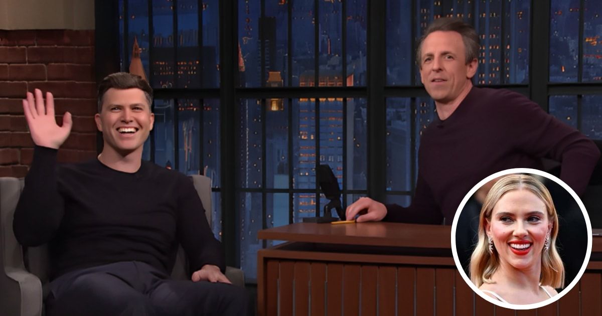 Colin Jost talked about his red carpet moment with his wife Scarlett Johansson (inset) on 'Late Night With Seth Meyers' (@LateNightSeth/Youtube, Getty Images)
