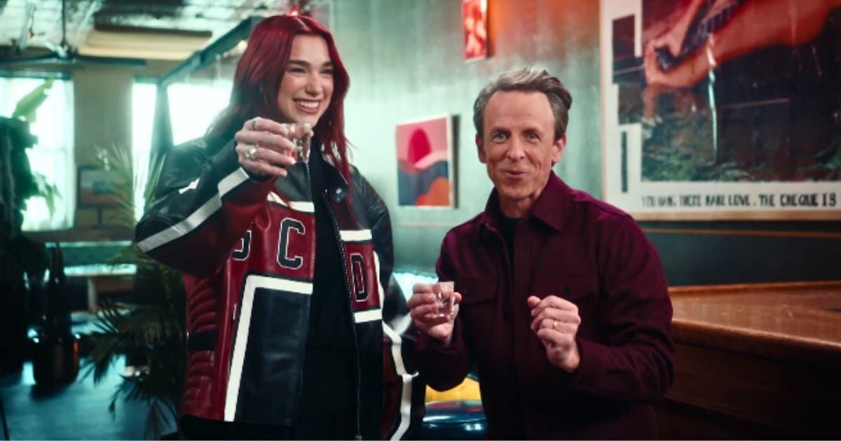 Dua Lipa and Set Meyers enjoyed day drinking in the latest episode of 'Late Night'
 (@LateNightSeth/Youtube)
