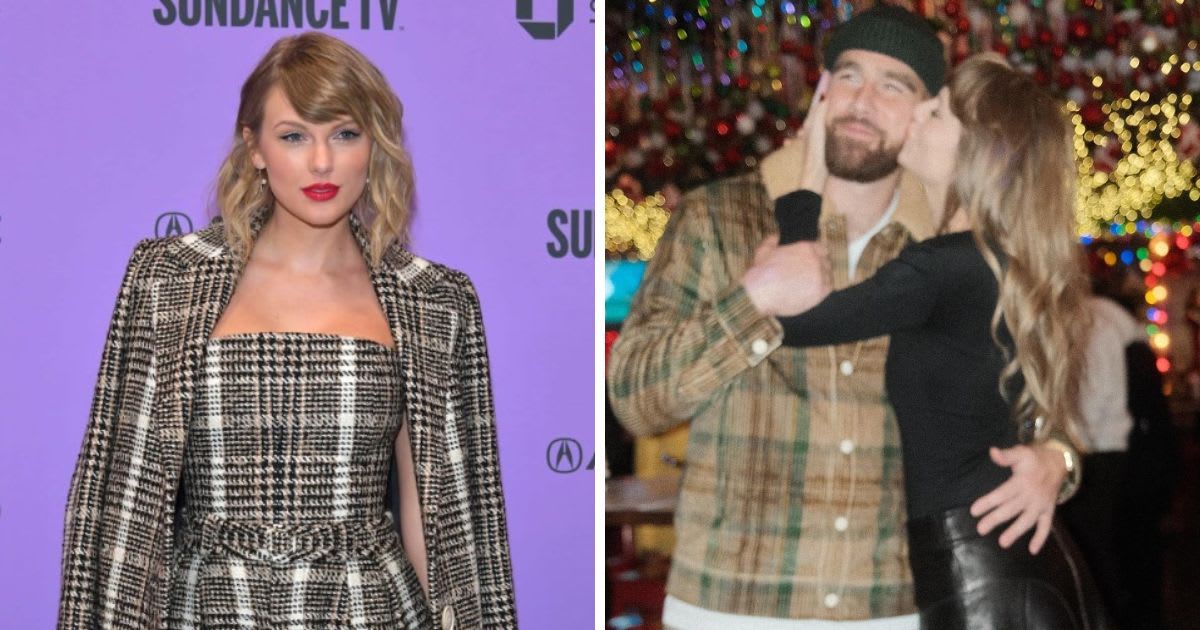 Taylor Swift can be seen kissing her boyfriend Travis Kelce on the cheek in the blurry photo (Getty Images and Instagram/@patty_cuts)