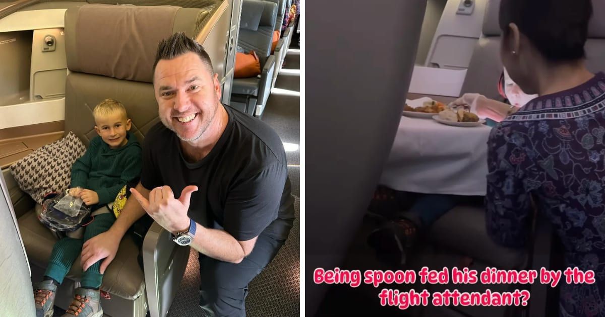 Entrepreneur Michael Rutherford's video showing a Singapore Airlines flight attendant spoon-feeding his 5-year-old son has sparked controversy online (Instagram/Michael Rutherford)