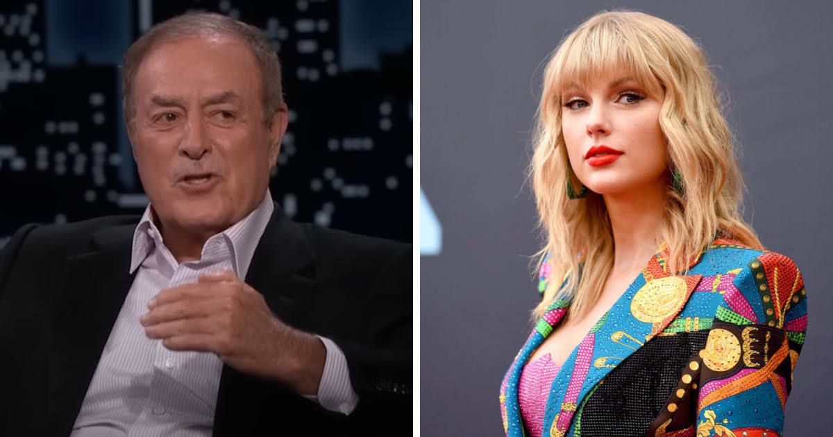 Conspiracy theory connects Al Michaels' (L) benching to comments he made about Taylor Swift (Jimmy Kimmel Live/YouTube, Getty Images)