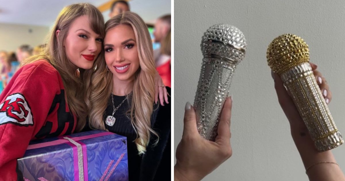 Taylor Swift received a disco-inspired microphone clutch from the owners of the Kansas City Chiefs (@graciehunt, @judithleiberny/Instagram)