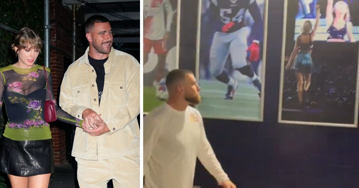 Travis Kelce checks out a Taylor Swift poster at Gillette Stadium (Gotham/GC Images, @NBCSCameraGuys video screenshot/X)