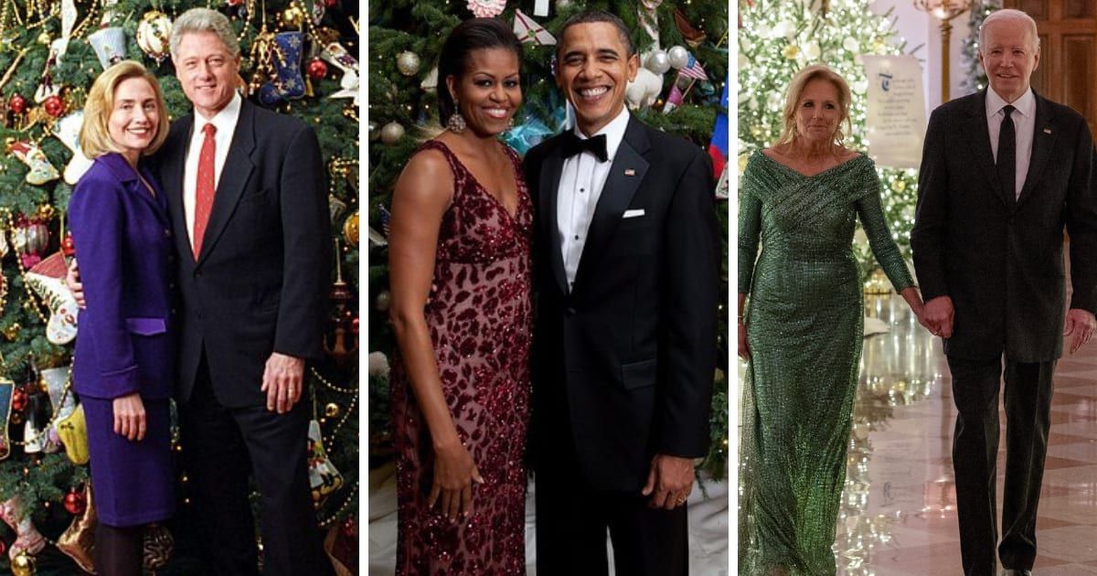 Bill Clinton with Hillary Clinton, Barack Obama with Michelle Obama, and Joe Biden with Jill Biden in their Christmas portraits from the White House (Wikimedia Commons/Clinton Digital Library, Barack Obama/Facebook, Getty Images)