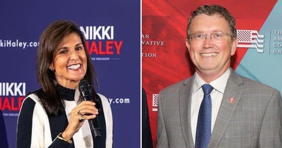 Rep. Thomas Massie admonished GOP Presidential candidate Nikki Haley (L) by calling her 'a brunette Liz Cheney' (@nikkihaley/Instagram, @repthomasmassie/Instagram)