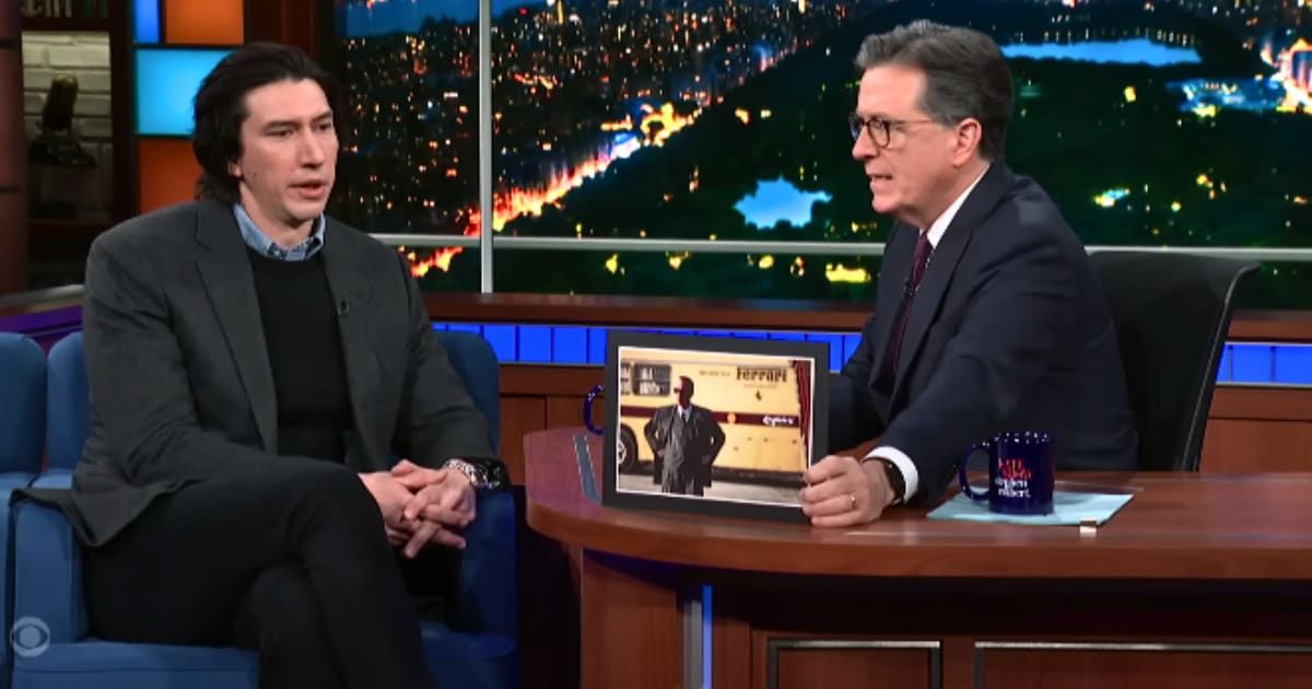 Adam Driver appeared on 'The Late Show With Stephen Colbert' to promote his new movie 'Ferrari' (@ColbertLateShow/Youtube)