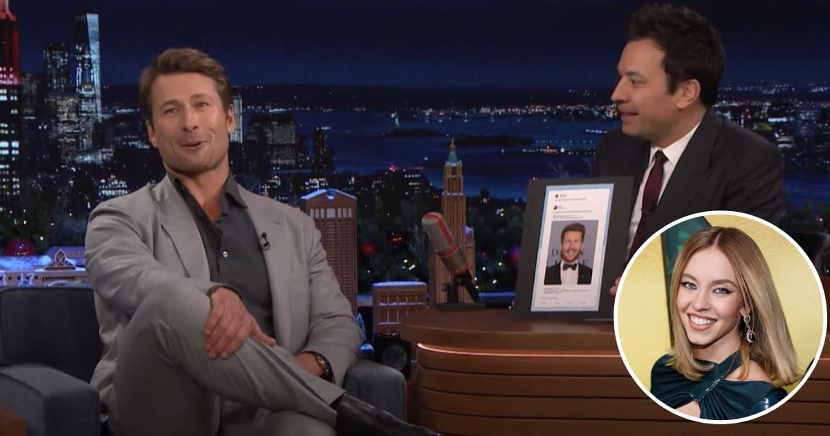 Glen Powell joined Jimmy Fallon to promote his and Sydney Sweeney's film 'Anyone But You' (The Tonight Show Starring Jimmy Fallon/YouTube, Getty Images)