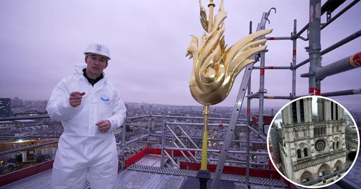 James Longman at the top of the newly constructed spire in Notre Dame Cathedral (Screengrab/GMA)