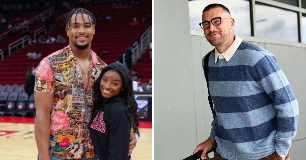 (L-R) Internet recently drew comparisons between Jonathan Owens, Simone Biles' husband, and Travis Kelce (Getty Images, Travis Kelce/Facebook)
