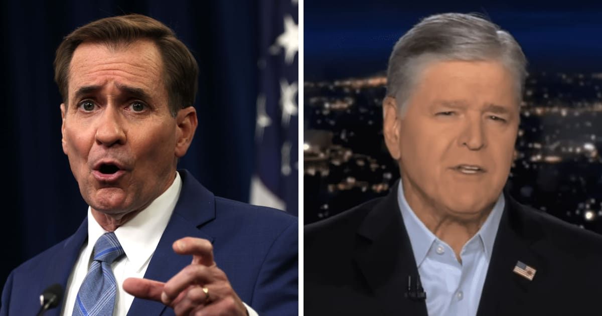 Fox News anchor Sean Hannity shared a clip of John Kirby where he was asked to name one thing that the White House is doing to help with the 'current surge' at the border (Getty Images, @FoxNews/YouTube)