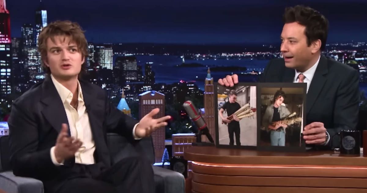 Jimmy Fallon asked about the recurring theme of Joe Keery's characters having a nail bat in both 'Fargo' and 'Stranger Things' (@fallontonight/YouTube)
