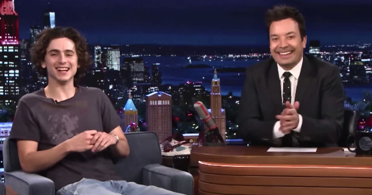 Timothee Chalamet has designed a limited edition pair of Wonka-themed Nike Dunks as revealed on 'The Tonight Show' (@fallontonight/Youtube)