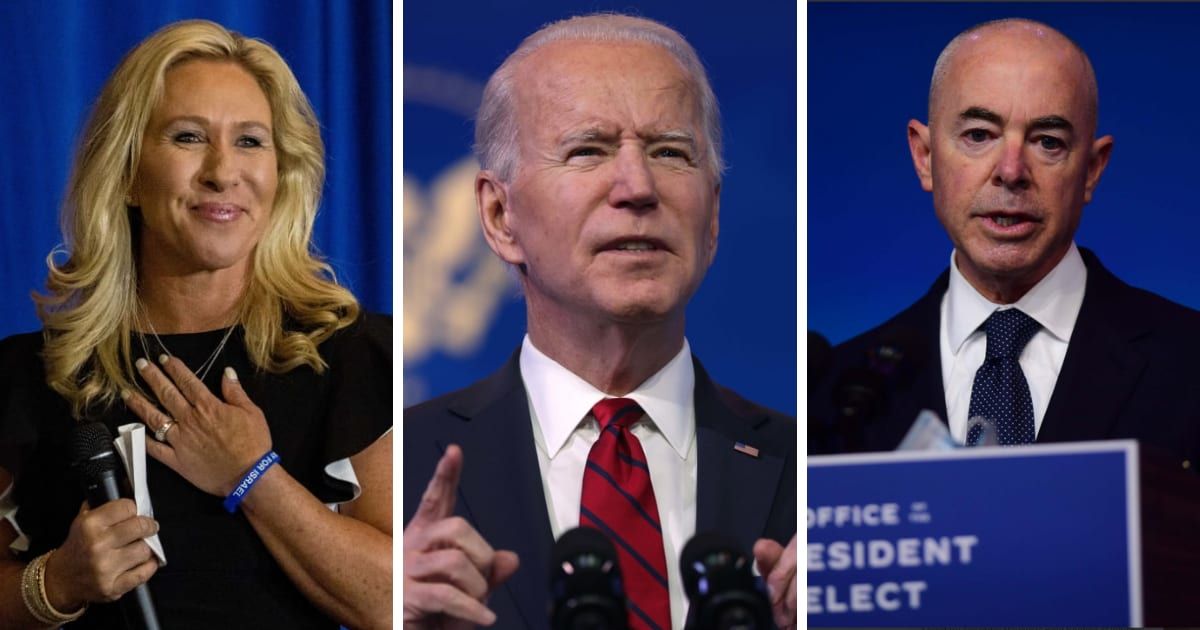 Rep Marjorie Taylor Greene, blaming President Joe Biden for the migrant crisis, called for DHS Secretary Alejandro Mayorkas' impeachment (Getty Images)