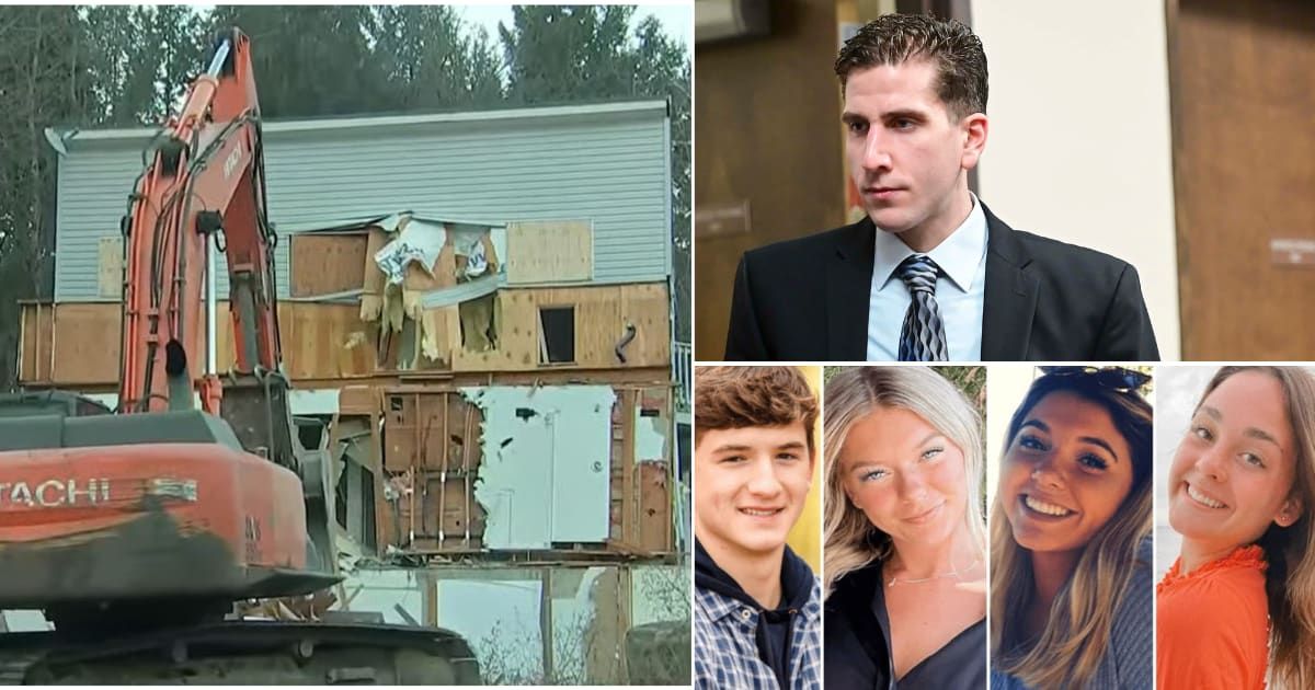 Idaho house where four students were fatally stabbed has been demolished a year after Bryan Kohberger's arrest (WFLA/ Youtube Sreenshot, Getty Images and Instagram)