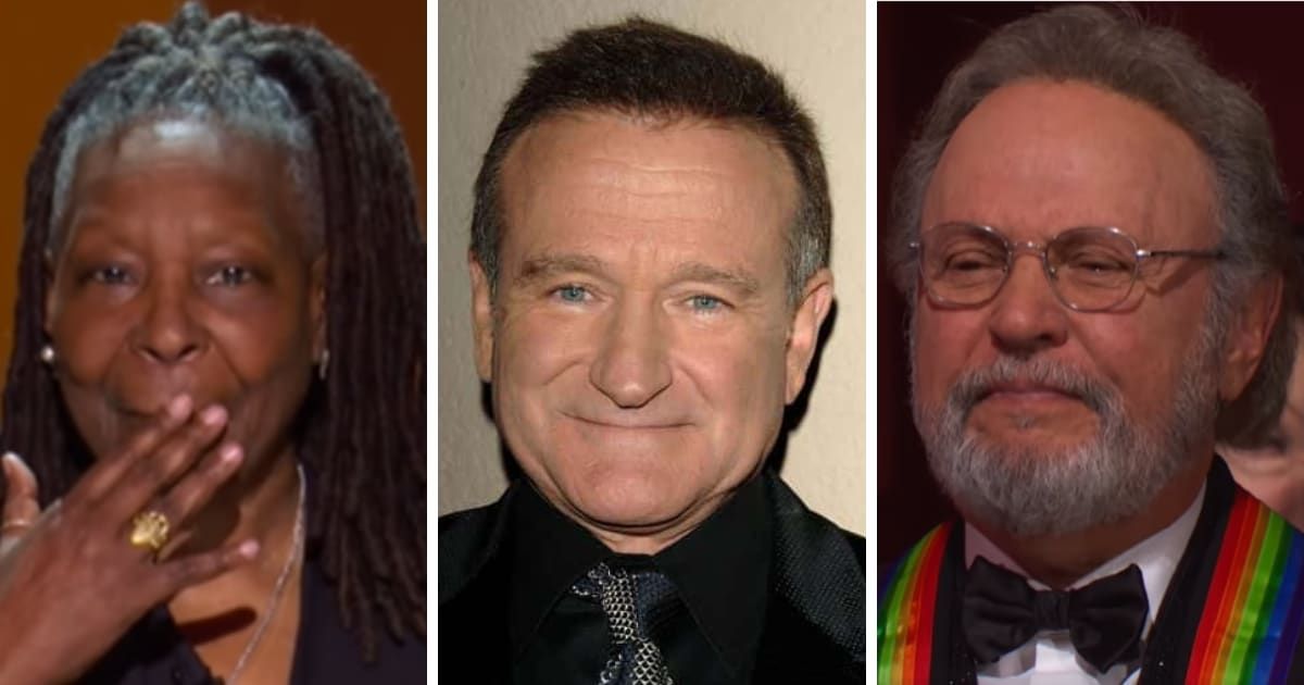 Whoopi Goldberg and Billy Crystal struggle to hold back their tears as they honor Robin Williams at the Kennedy Center Honors (CBS video screenshot, Getty Images)
