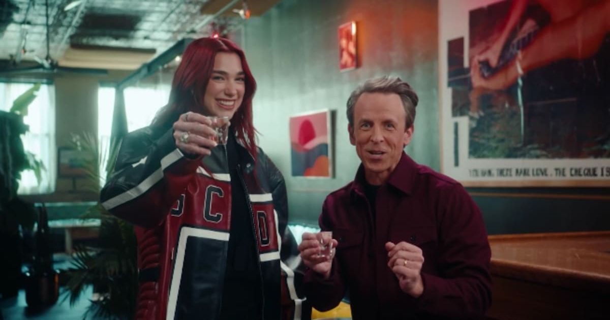 Dua Lipa sat down recently for a session of day drinking with Seth Meyers (Late Night with Seth Meyers/YouTube)