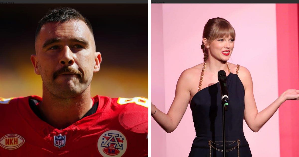 Travis Kelce couldn't stop gushing over his girlfriend Taylor Swift on his 'New Heights' podcast (Getty Images)
