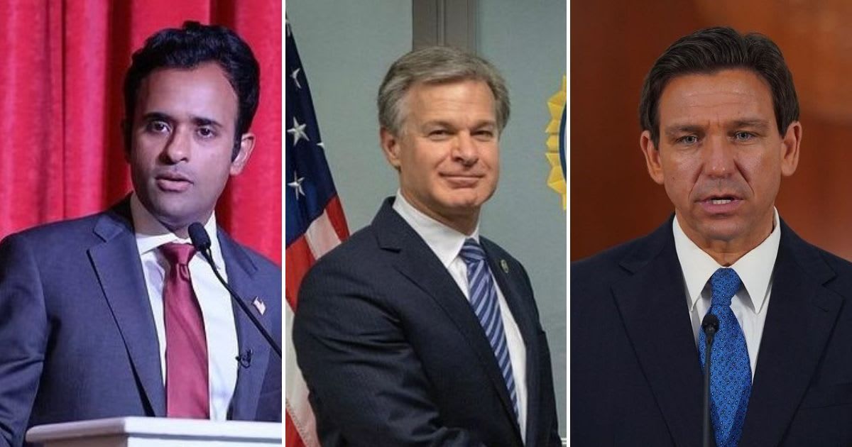 Vivek Ramaswamy has called for disbanding the FBI alleging that the POTUS has the power to do so (@vivekgramaswamy, @christopher_wray06, @flgovrondesantis/Instagram)