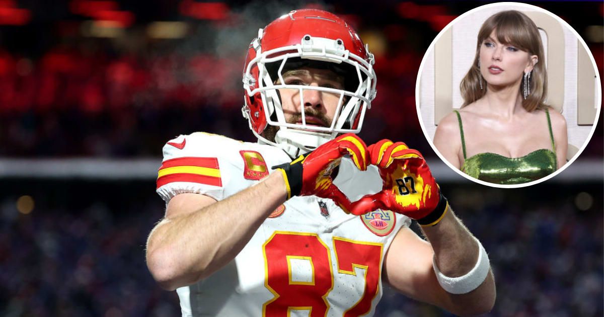 Travis Kelce #87 of the Kansas City Chiefs makes the heart gesture for Taylor Swift after scoring a 22-yard touchdown against the Buffalo Bills on January 21, 2024 in Orchard Park, New York (Al Bello and Tommaso Boddi/Getty Images)
