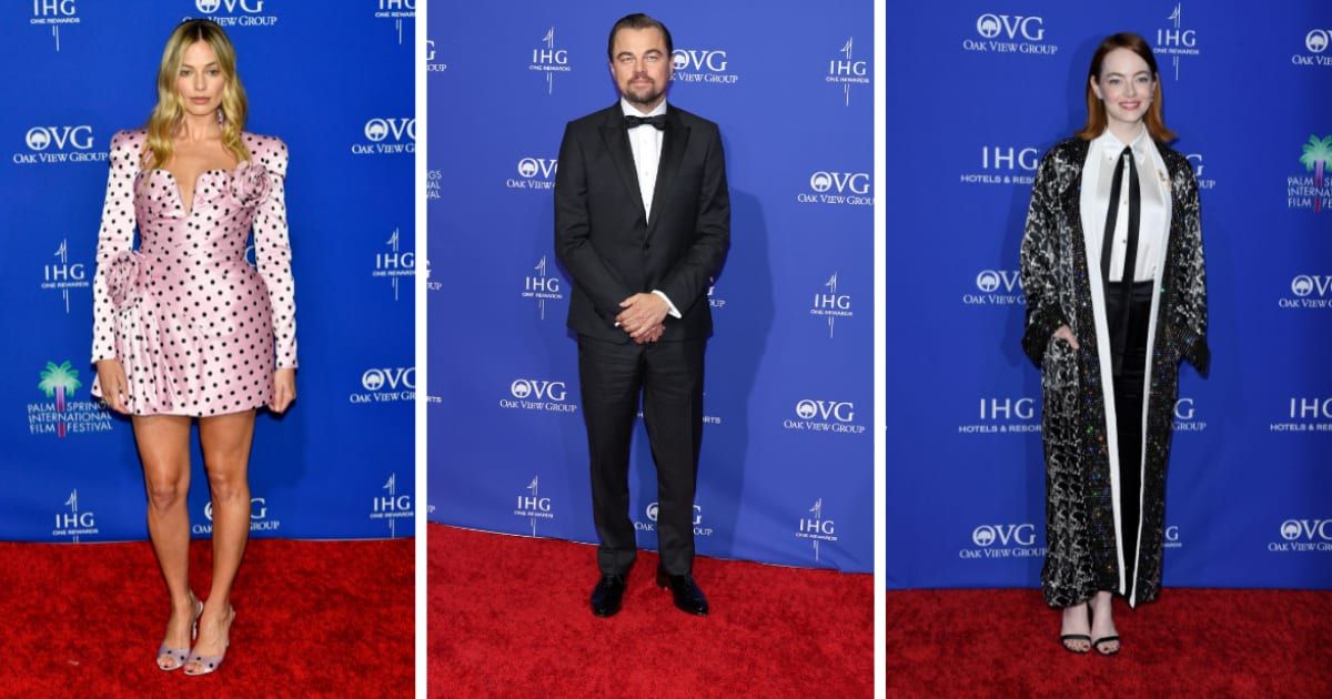 Margot Robbie, Leonardo DiCaprio and Emma Stone at the Palm Springs Film Festival Awards red carpet (Getty Images/ Jerod Harris/FilmMagic, Monica Schipper/WireImage, and Steve Granitz/FilmMagic)