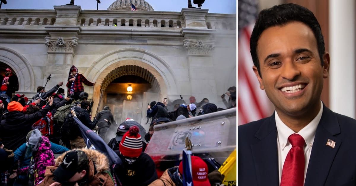 Presidential candidate Vivek Ramaswamy is facing backlash over diverging statements on the third anniversary of the January 6 Capitol insurrection (Getty Images, YouTube/Vivek Ramaswamy)