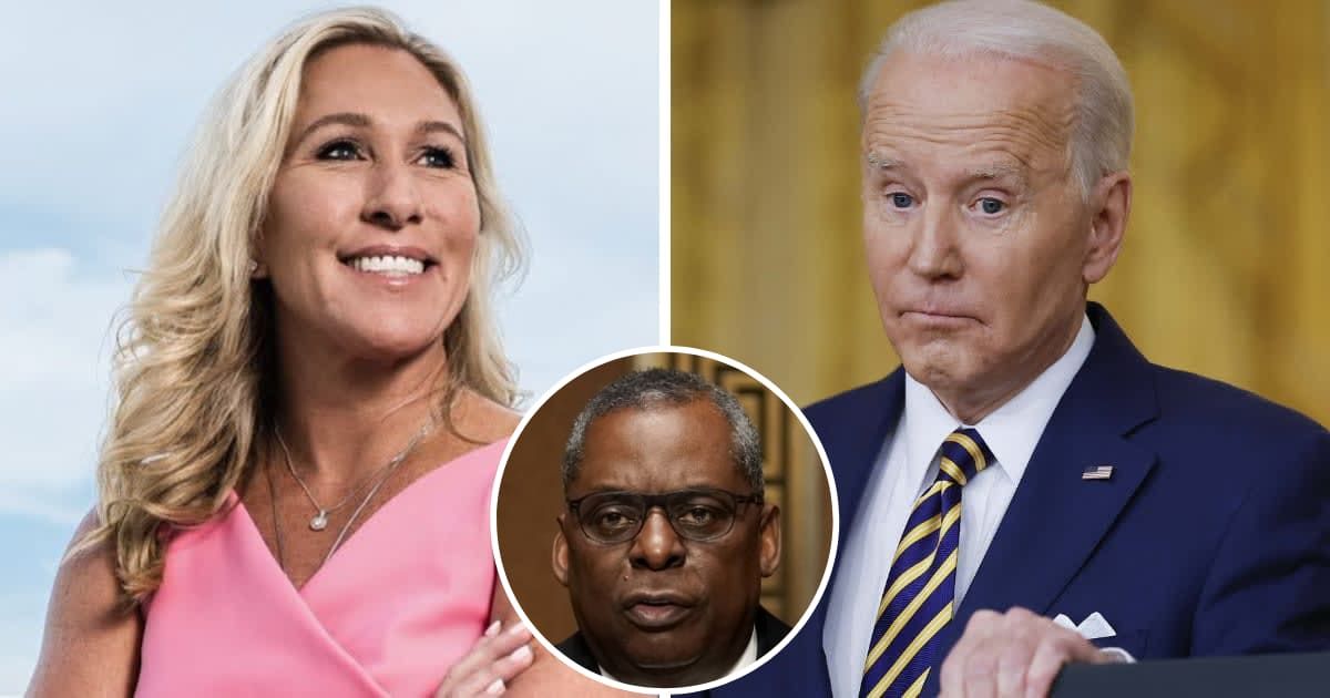 Marjorie Taylor Greene took a dig at Joe Biden's leadership amid news about the secrecy of Llyod Austin's illness (X/@RepMTG, Getty Images)