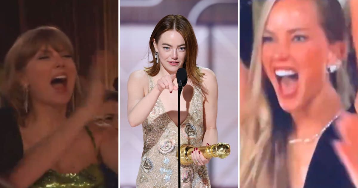 Emma Stone's win gets the biggest cheers from Taylor Swift and Jennifer Lawrence at Golden Globes 2024 (thehollywoodreporter/X, GettyImages, filmupdates/X)