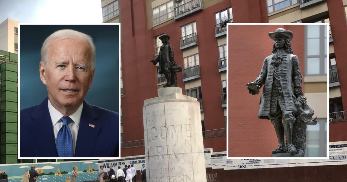 Joe Biden's administration retracted plans to remove the statue of William Penn from Welcome Park (YouTube/Washington Post, Twitter/@EndWokeness)
