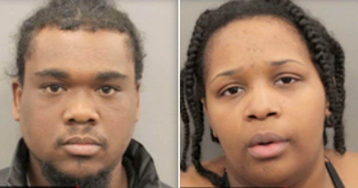 Kenry Flukers and Toniesha Perkins were among the 3 persons arrested after workers found a 2-year-old injured girl with her ankles taped up in an apartment (Houston Police Department)