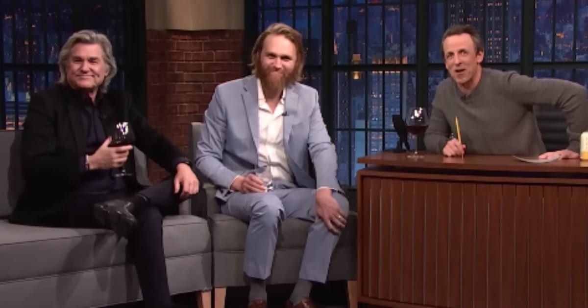 Kurt Russell and Wyatt Russell talk about playing the same character in the series 'Monarch: Legacy of Monsters' on 'Late Night with Seth Meyers' (@LateNightSeth/YouTube)
