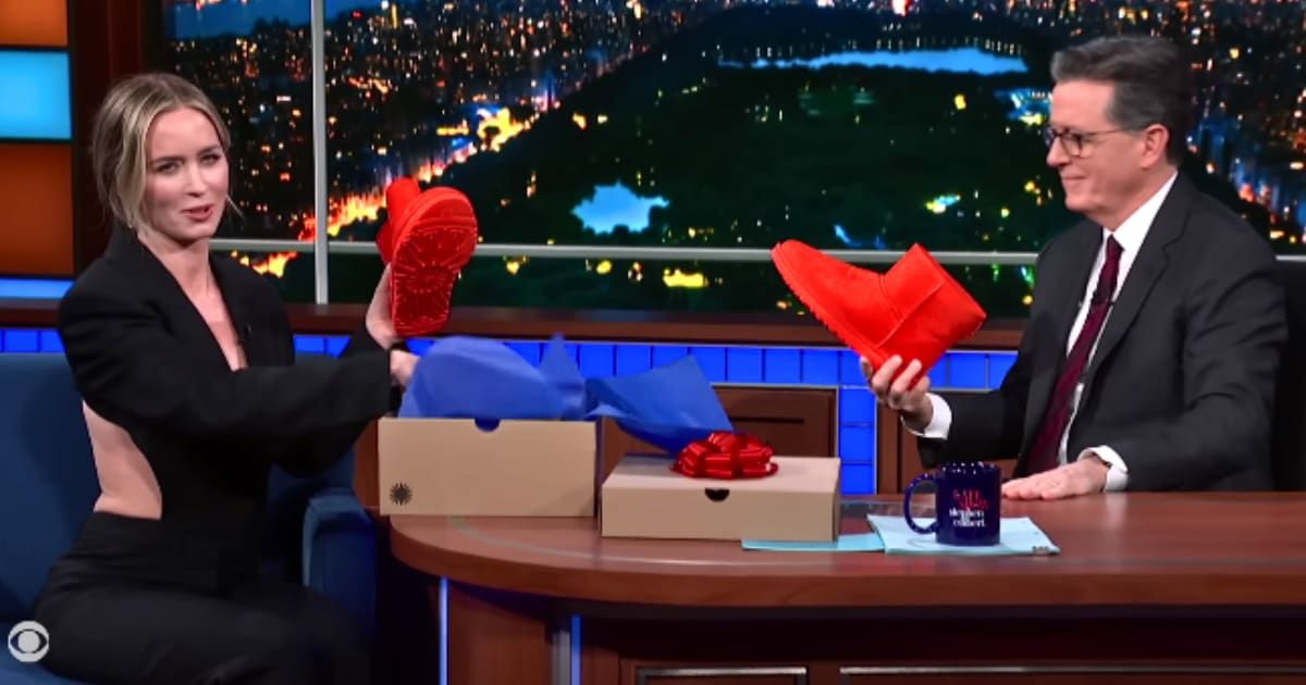 'Oppenheimer' star Emily Blunt shared with Stephen Colbert that she gifted Nolan a pair of Ugg boots after he scolded her for wearing them on set (@ColbertLateShow/Youtube)