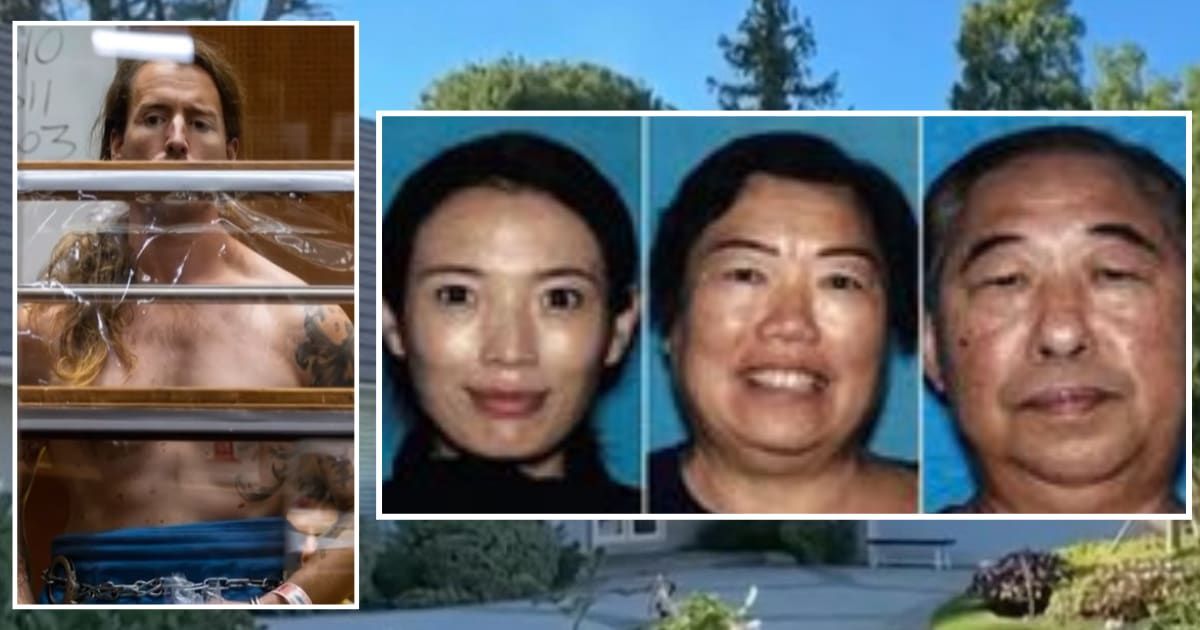 Sam Haskell, who is not allowed to wear a shirt in court due to 'self-harm', is  accused of chopping his wife, Mei Haskell, and her parents , (Access Hollywood/ YouTube Screengrab Los Angeles Police Department)