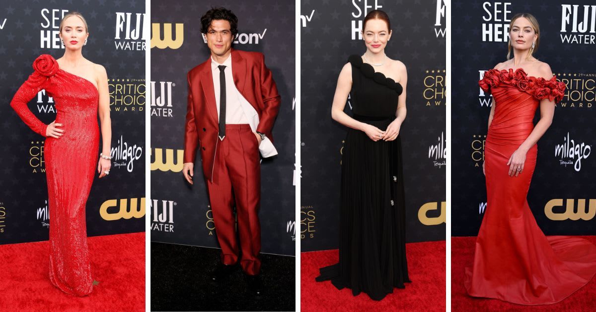 Emily Blunt, Charles Melton, Emma Stone and Margot Robbie attend the Critics Choice Awards (Photo by Rodin Eckenroth/Getty Images,  Lionel Hahn/Getty Images, Steve Granitz/FilmMagic, and Phillip Faraone/Getty Images for FIJI Water)