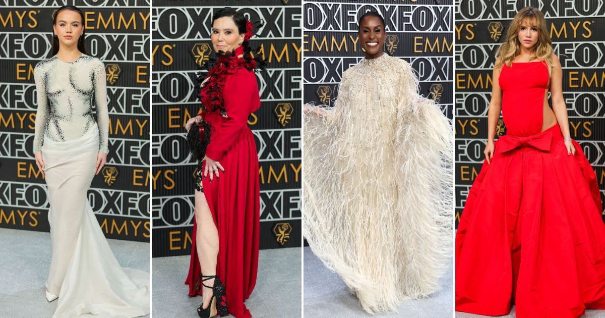(L-R) Worst dressed celebs at Emmys 2024: Emma Brooks McAllister, Alex Borstein, Issa Rae, and Suki Waterhouse (Neilson Barnard, Kevin Mazur/Getty Images)