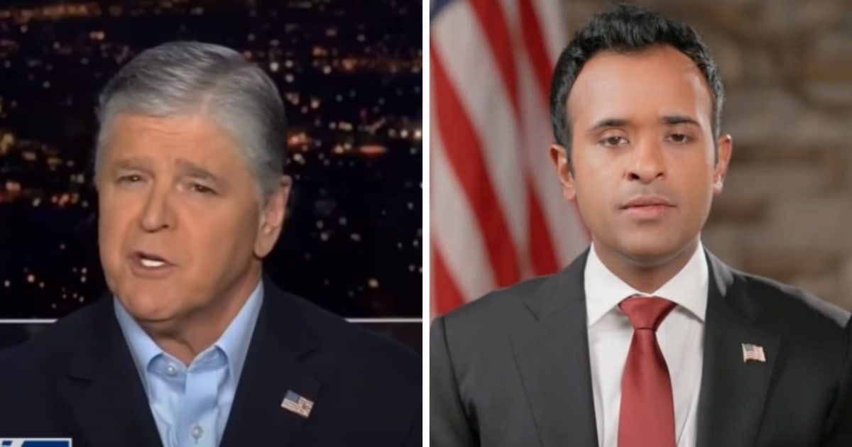 Fox News host Sean Hannity reported on Vivek Ramaswamy dropping out of the presidential race after earning a fourth spot in the Iowa caucus (@foxnews/YouTube, Getty)