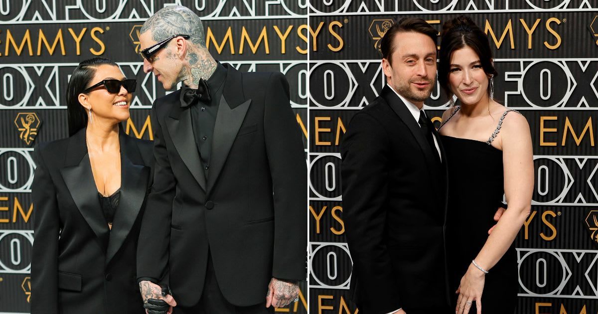 Kourtney Kardashian and Travis Barker (L), and Kieran Culkin and Jazz Charton at the Emmy Awards (Neilson Barnard, Frazer Harrison/Getty Images)