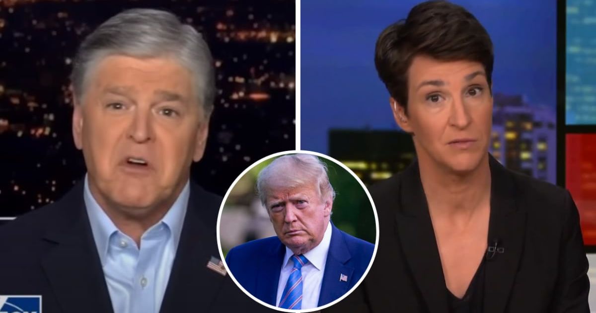 Sean Hannity took aim at Rachel Maddow's 'meltdown' as she reacted to Donald Trump's victory speech in Iowa (@foxnews/YouTube, @maddow/Twitter, Getty Images)
