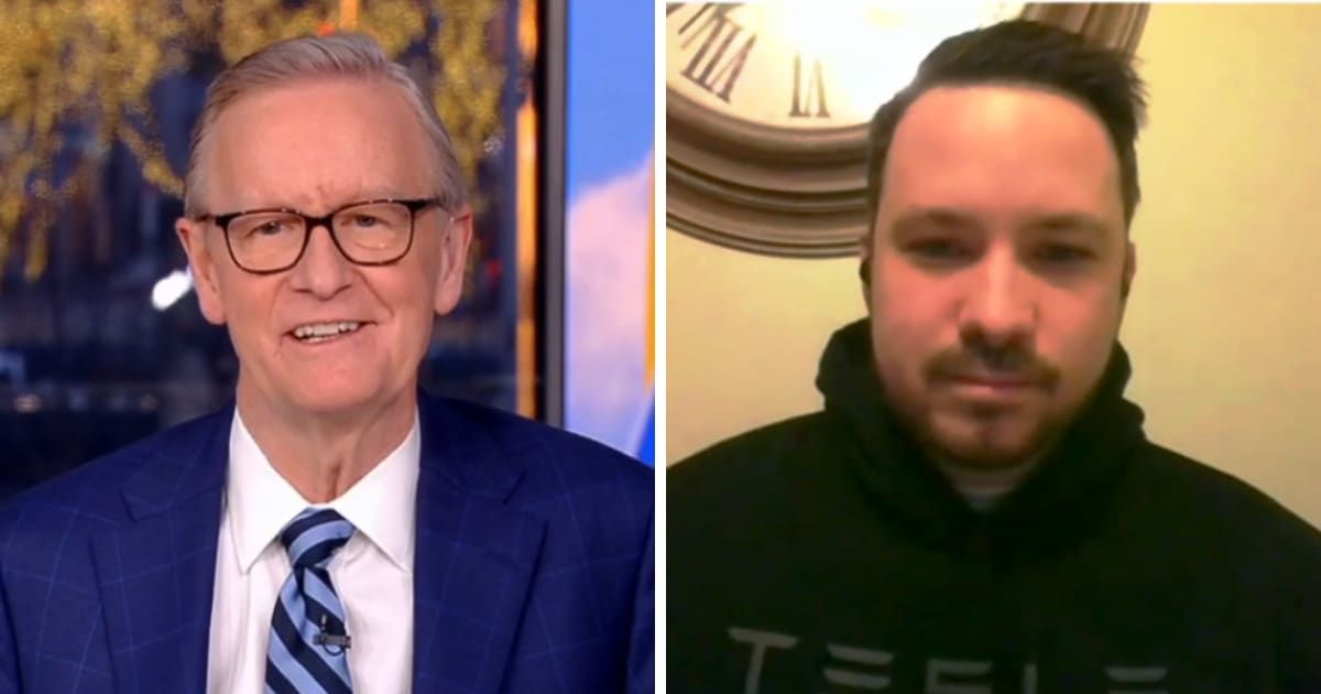 Steve Doocy with Tesla owner Brandon Welbourne on the January 17, 2024 episode of 'Fox & Friends' (Screengrab/Fox News)