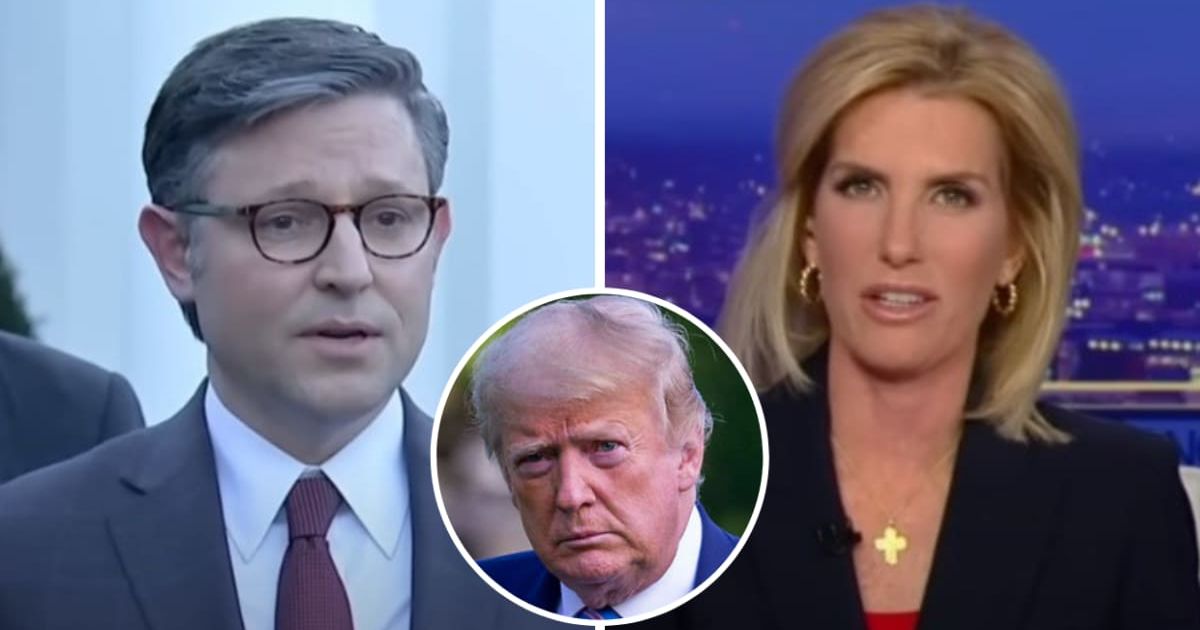 House Speaker Mike Johnson tells Laura Ingraham that he talks 'pretty frequently' with Donald Trump over border situation (@foxnews/YouTube, Getty)