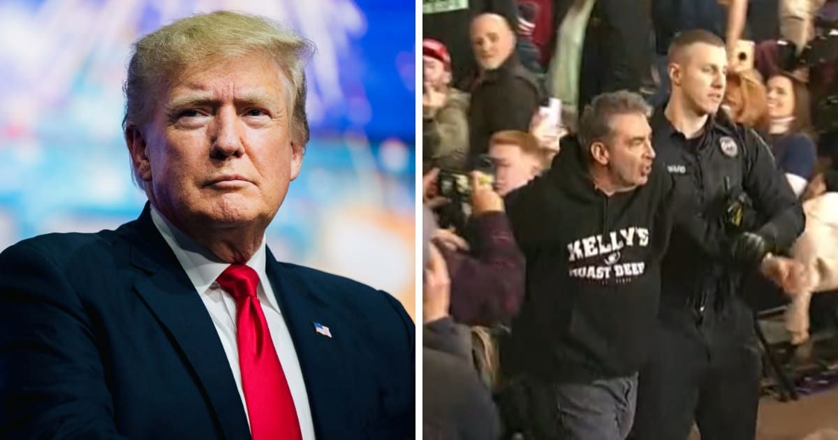 Donald Trump threw a protestor out of the New Hampshire rally for calling him a 'dictator' (Getty Images, C-SPAN video screenshot)