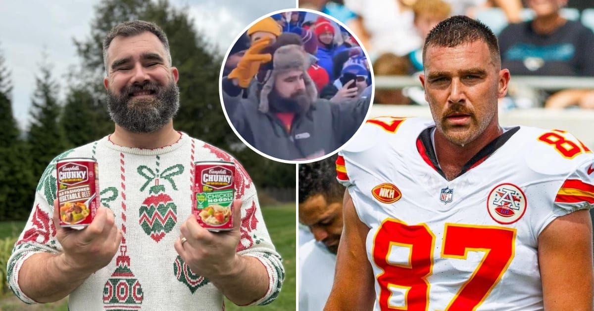 Jason Kelce was spotted celebrating with Bills fans ahead of Travis Kelce's match (@jason.kelce/Instagram, NewHeights/X, @killatrav/Instagram)