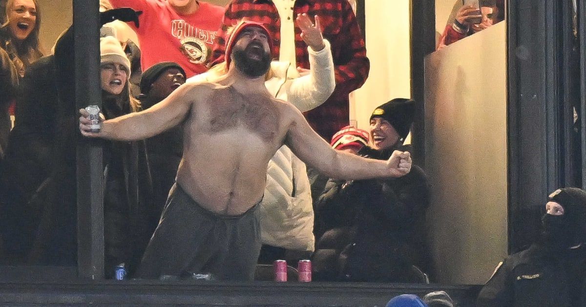 Jason Kelce went shirtless and jumped from his VIP suite during the Bills vs Chiefs game (Kathryn Riley/Getty Images