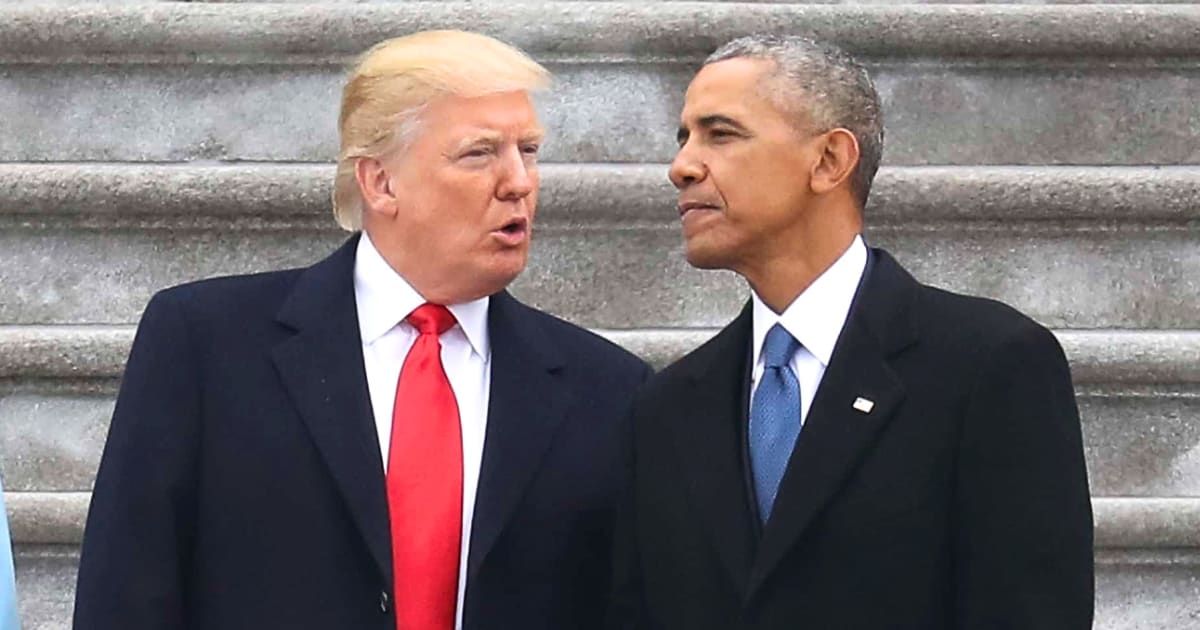 President Donald Trump and former president Barack Obama exchange words at the US Capitol on January 20, 2017, in Washington, DC (Rob Carr/AFP via Getty Images)