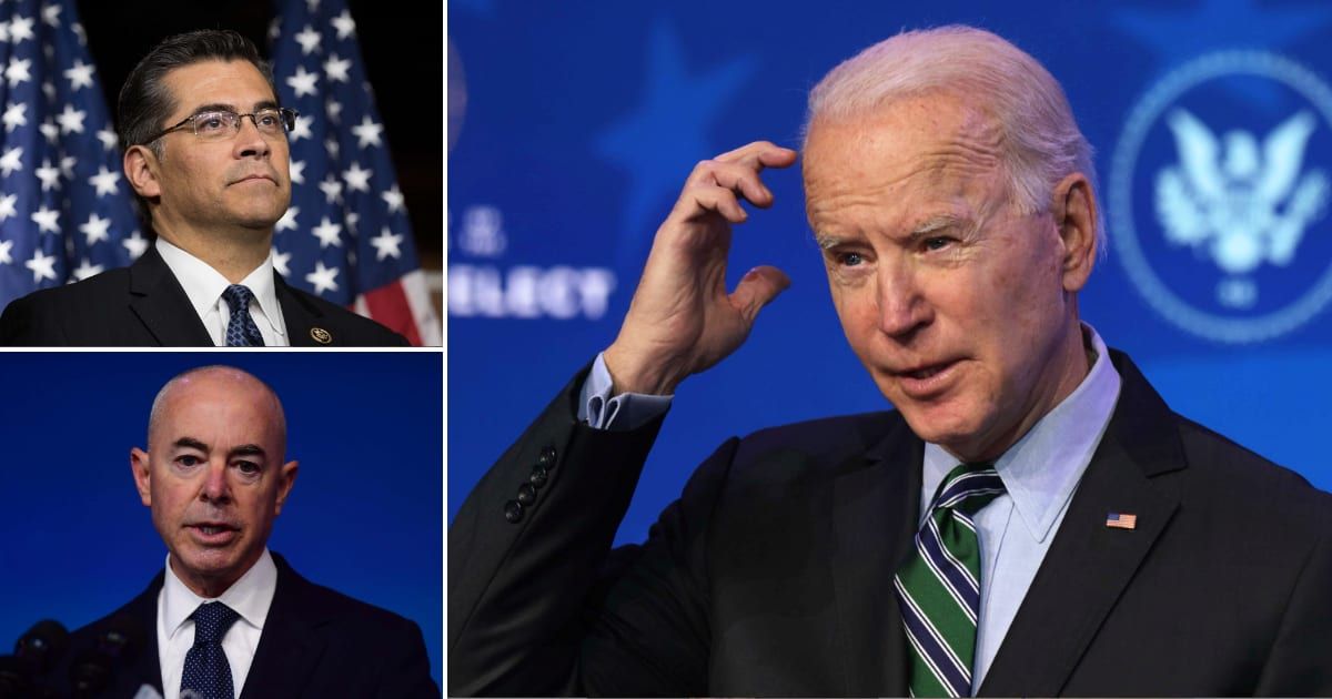 Xavier Becerra (L-Top), Alejandro Mayorkas (L-Bottom), Joe Biden (R) (Getty Images)