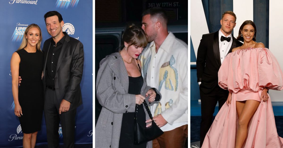 NFL couples Candice Crawford and Tony Romo, Taylor Swift and Travis Kelce, and Christian McCaffrey and Olivia Culpo (Michael Loccisano/Getty Images, Frazer Harrison/Getty Images and Gotham/GC Images)