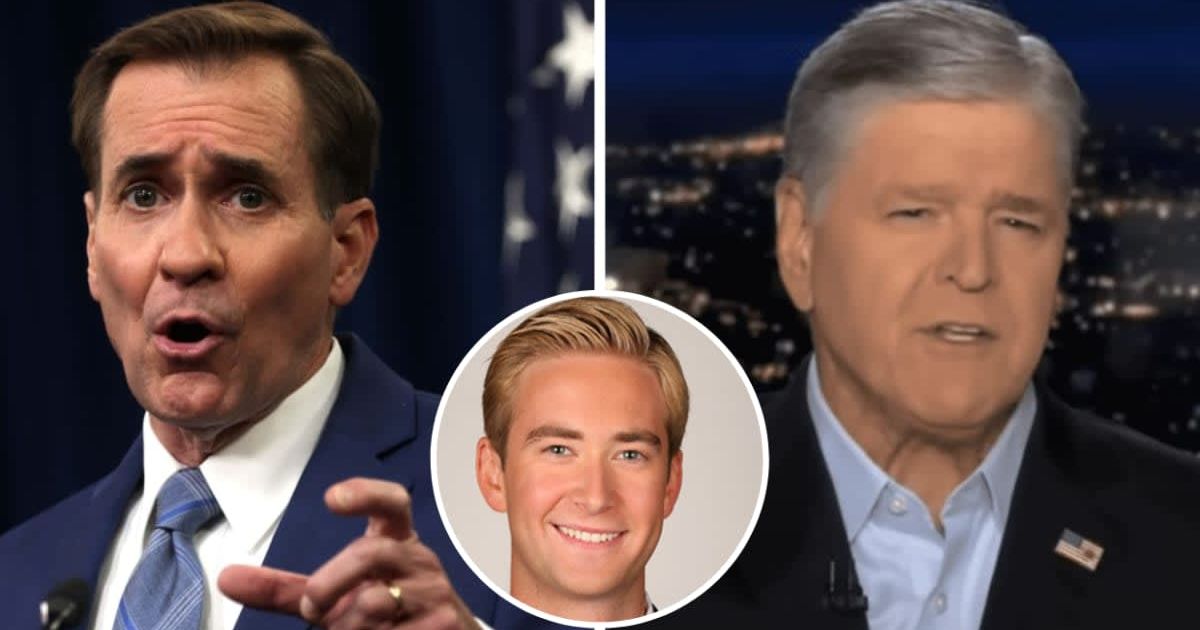 Sean Hannity took to X to report on Peter Doocy blasting John Kirby on removing razor wire on the southern border (Getty Images, YouTube/Fox News, @pdoocy/Twitter)